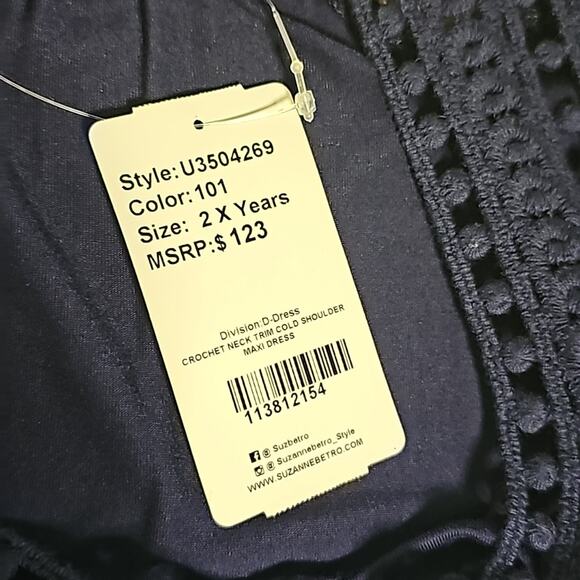 Suzanne Betro Crochet Neck Cold Shoulder Navy Maxi Dress Womens Plus Size 2X NEW - Picture 8 of 13